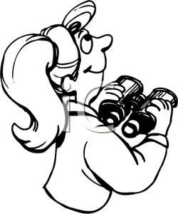 Clip Art Image: Black and White Girl Holding a Pair of Binoculars