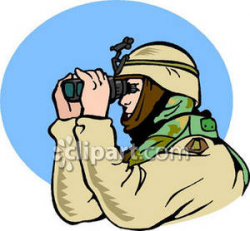 Soldier Looking Through Binoculars - Royalty Free Clipart Picture