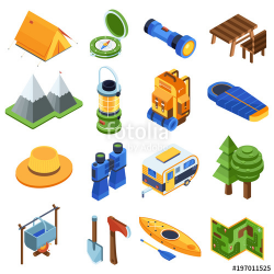 Isometric camping icon set. Hiking isometry elements and equipment ...