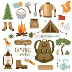 Hiking icons set. Camping equipment vector collection. Binoculars ...
