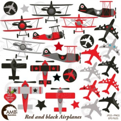 Airplane and Biplane Clipart, Red and Black, Plane Clipart, Jet, AMB ...