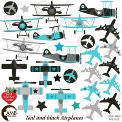 Airplane and Biplane Clipart, Teal and Black, Plane Clipart, Jet ...