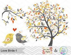 Instant Download Tree Birds ClipArt, Yellow Grey Tree Clip Art ...