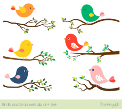 Cute color birds clipart set, Tree branches with green leaves ...
