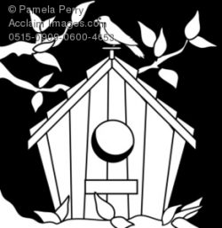 Clip Art Illustration of a Birdhouse in Black and White