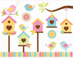 Digital Clipart Spring Day with Flowers, Tree, Sun, Birds, Birdhouse ...