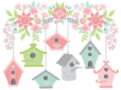 Birdhouse Clipart - Digital Vector Bird, Flowers, Summer, Branch, Bird  Houses Clip Art