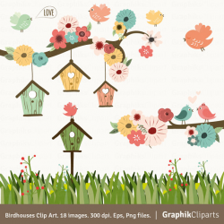Birdhouses Clipart. Birds Clipart, Floral, Garden, Spring, Flowers ...