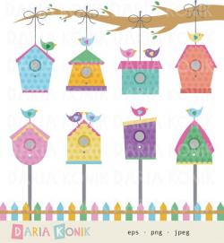 Birdhouse Clip Art-birdhouses birds branch fence colorful