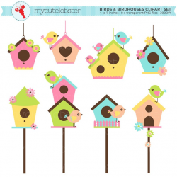 Birds and Birdhouses Clipart Set - clip art set of birds, birdhouses,  spring, cute - personal use, small commercial use, instant download