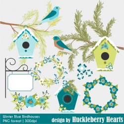 Winter Blue Birdhouses Clipart - Huckleberry Hearts