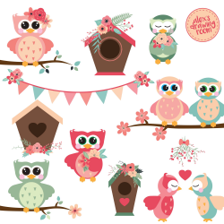 Spring owls clipart, floral clipart, wedding clipart, flower clipart ...