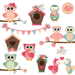 Spring owls clipart, floral clipart, wedding clipart, flower clipart, clip  art, spring clipart, owl clipart, bunting clipart, birdhouse, png