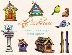Birdhouse watercolor clipart and cute birds png hand-painted illustrations  + vector line art for coloring a