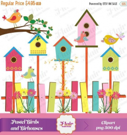 80% OFF PASTEL Colored Birds and Birdhouses Digital Clipart ...