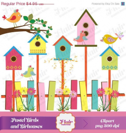 PASTEL Colored Birds and Birdhouses Digital Clipart ...