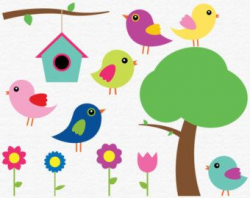 Digital Bird Clip Art, Baby Bird Clipart, Spring Clip Art, Flower ...