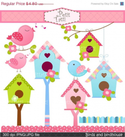 ON SALE Birds and Birdhouse Digital clipart, Birds clipart, flowers clip  art, birdhouse clip art, pink, blue INSTANT Download