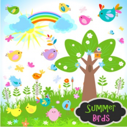 Bird Clip Art Summer Garden Bird Flower Tree Birdhouse - Colored and  Outlines