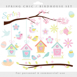 Spring clipart - bird birdhouse clip art, Easter birdies whimsical ...