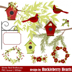 Winter Red Birdhouses Clipart - Huckleberry Hearts