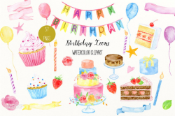Birthday clip art, Watercolor Birthday Icons, cakes, cupcakes ...