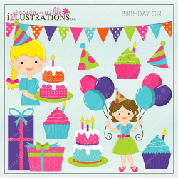 Birthday Girl Cute Digital Clipart for Card Design, Scrapbooking ...