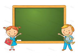 Cartoon schoolchildren at the blackboard in the classroom, frame with a  copy space. Kids clipart, school clipart, education images cartoon