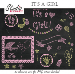 It's a Girl Chalkboard Clipart, Digital Clip Art Pack with Baby Girl ...