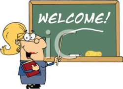 A Colorful Cartoon of a Teacher Pointing To Welcome Written on a ...