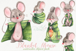 Cute watercolor mouse clipart. Mice in striped blanket clip art. Kids DIY  kit animal clip art. Baby shower party scrapbook boys nursery set