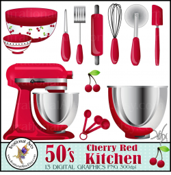 50's Cherry Red Kitchen Digital Clipart Graphics - 13 baking ...