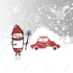 Man and car with snowbank on roof, winter blizzard | Clipart Station