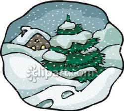 Snowy Scene of a Cabin In the Woods Royalty Free Clipart Picture