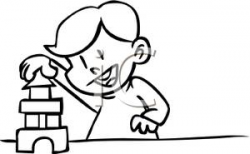 Coloring Page of a Boy Playing with Building Blocks Clipart Picture