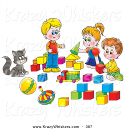 Critter Clipart of a Cat Watching Two Small Boys and a Girl Play ...