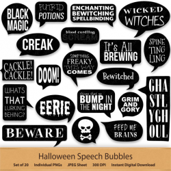 Digital Speech Bubbles Black and White Halloween Clipart