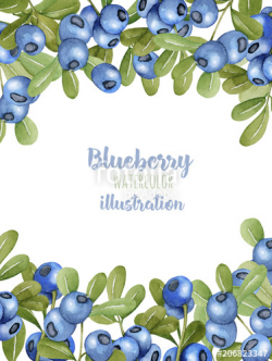 Card template with watercolor blueberries branches, frame ...