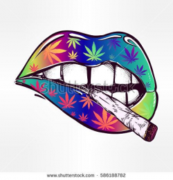 Sexy fatal biting lips with weed pattern and weed joint or spliff or ...
