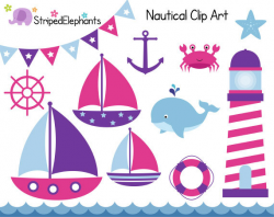 Nautical Clip Art Sail Boat Clipart Pink and Purple