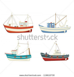 Four colourful vector fishing boats, side view on a white background ...