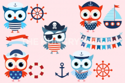 Boy nautical owl clipart, Cute sailor owls clip art, Pirate owl ...