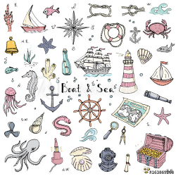 Hand drawn doodle Boat and Sea set. Vector illustration. Icons sea ...