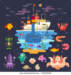 Ocean underwater life, sea animals. Fishing boat. Fish, octopus ...