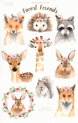 Forest Friends Watercolor Clip Art,Woodland Animals, Kids Clipart ...