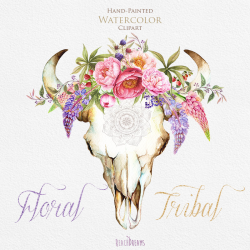 Watercolor floral bull skull. Tribal Wild Boho flowers