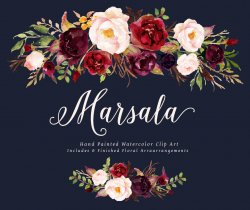 Watercolor floral Clip Art-Marsala/Individual PNG files/Hand