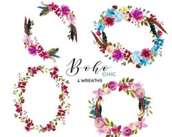 Pink Floral Boho Chic Wreaths Clip Art Watercolor Flowers