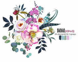 White Pink Boho Chic Watercolor Flowers Hydrangea Peonies Clipart ...