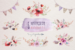 Watercolor boho flowers & feathers. Wedding digital Clip art ...